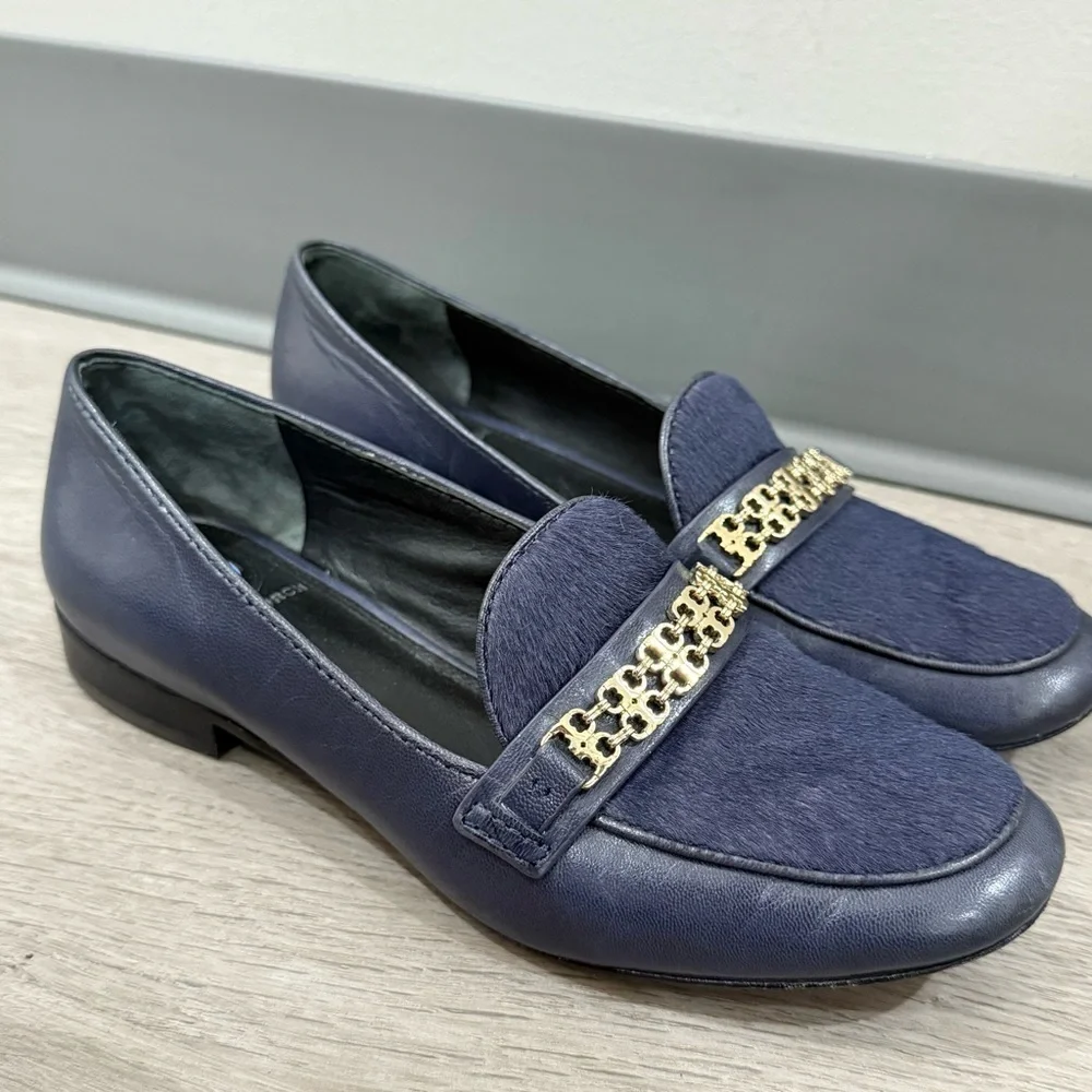 Tory Burch Loafers Gemini Link Leather & Pony Hair in Navy